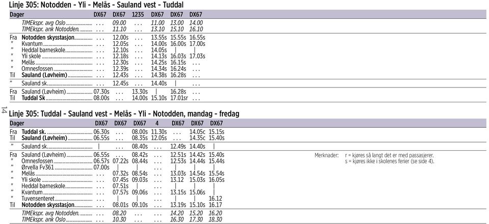 03s " Melås...... 12.30s... 14.25s 16.15s... " Omnesfossen...... 12.39s... 14.34s 16.24s... Til Sauland (Løvheim)...... 12.43s... 14.38s 16.28s... Sauland sk....... 12.45s... 14.40s.