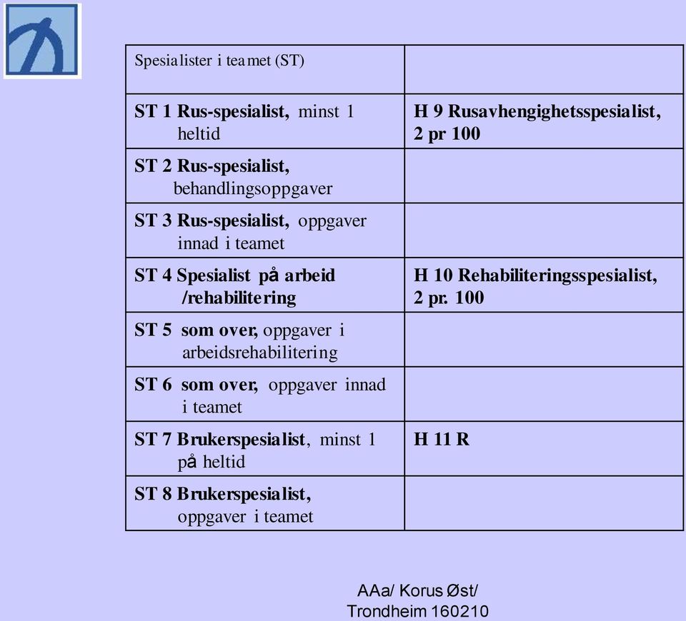 arbeidsrehabilitering ST 6 som over, oppgaver innad i teamet ST 7 Brukerspesialist, minst 1 på heltid ST 8