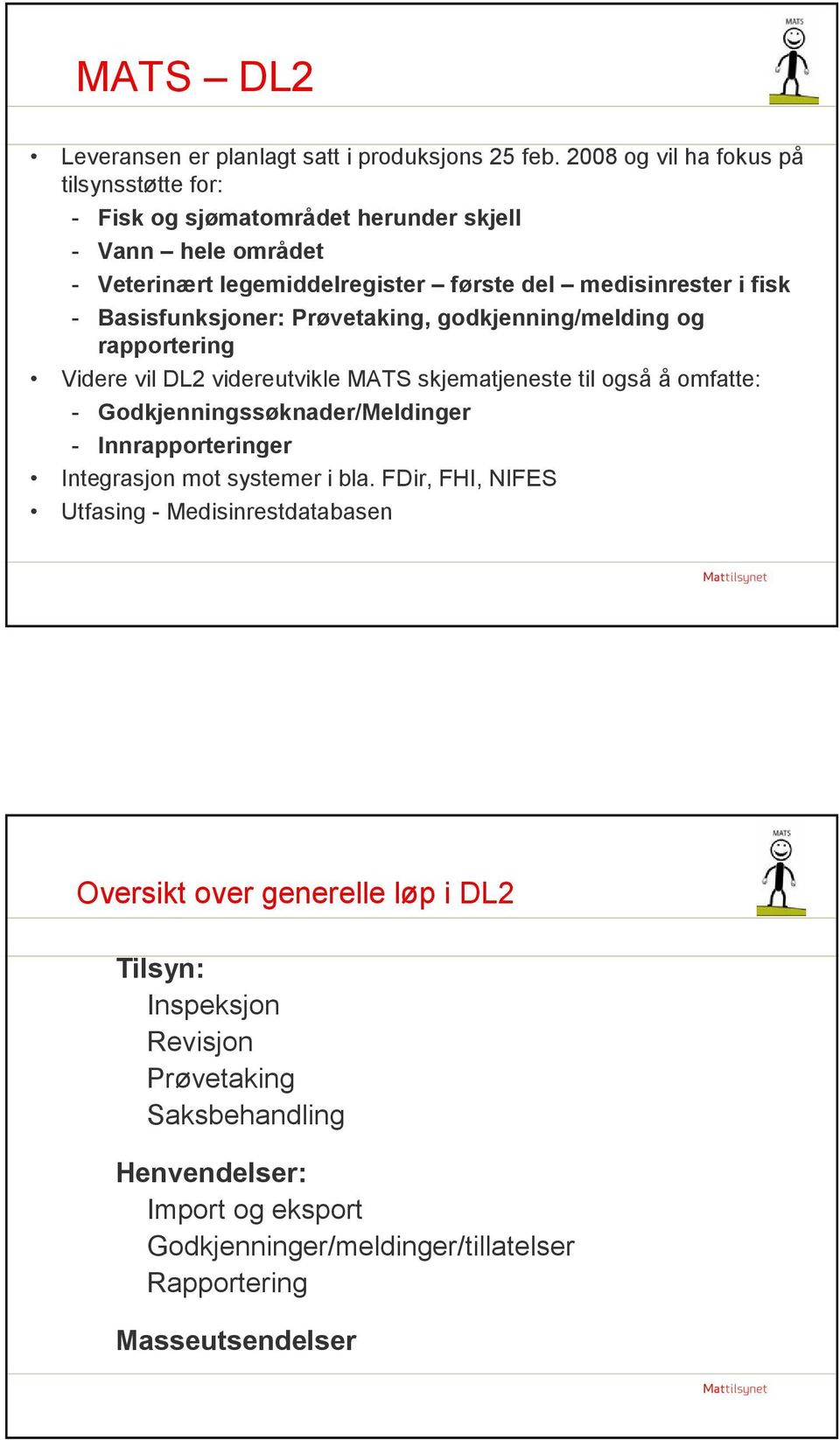 Basisfunksjoner: Prøvetaking, godkjenning/melding og rapportering Videre vil DL2 videreutvikle MATS skjematjeneste til også å omfatte: - Godkjenningssøknader/Meldinger -