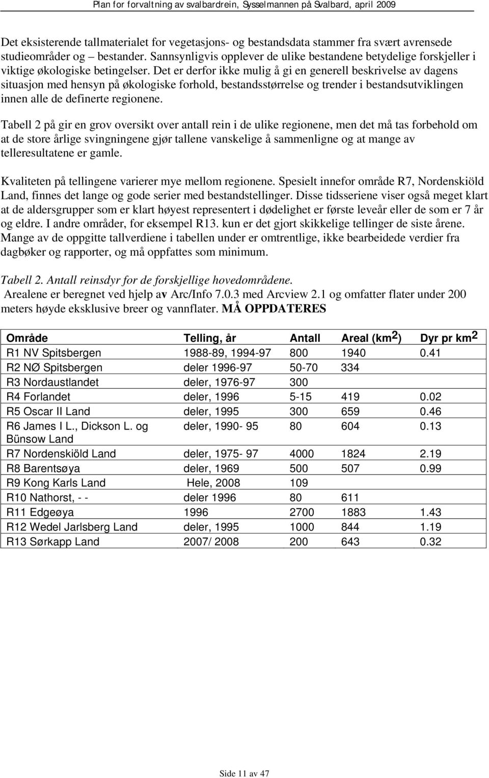 Det er derfor ikke mulig å gi en generell beskrivelse av dagens situasjon med hensyn på økologiske forhold, bestandsstørrelse og trender i bestandsutviklingen innen alle de definerte regionene.