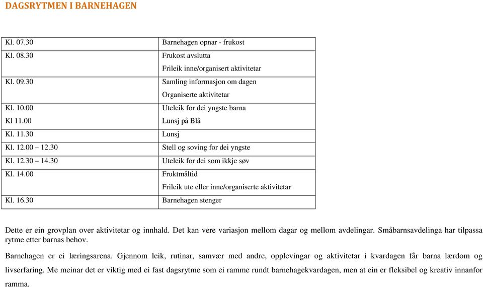 for dei yngste Uteleik for dei som ikkje søv Fruktmåltid Frileik ute eller inne/organiserte aktivitetar Barnehagen stenger Dette er ein grovplan over aktivitetar og innhald.