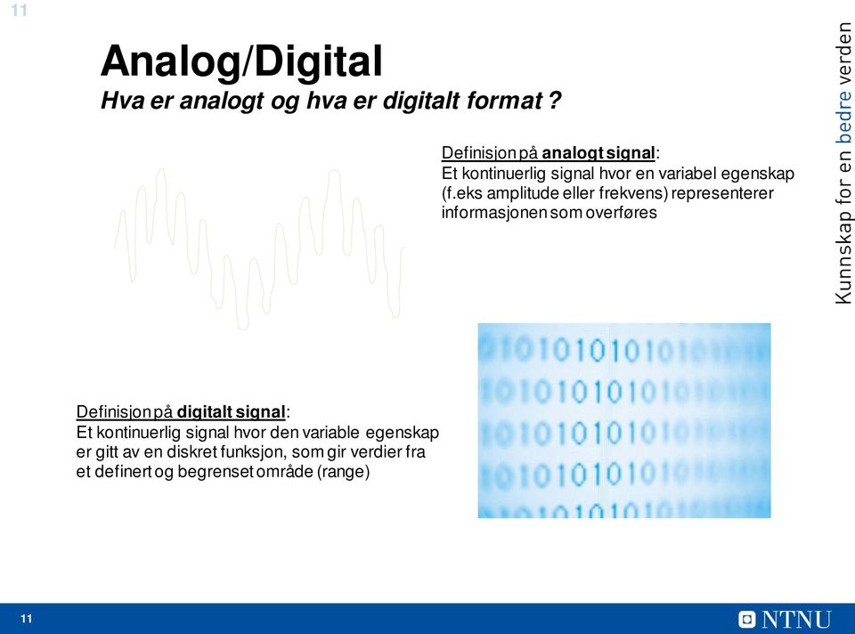 eks amplitude eller frekvens) representerer informasjonen som overføres Definisjon på digitalt