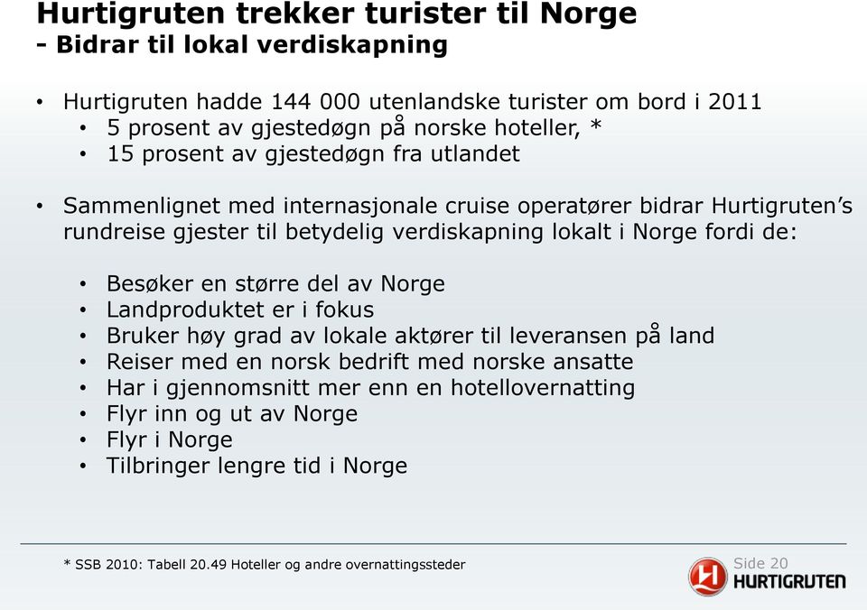 Norge fordi de: Besøker en større del av Norge Landproduktet er i fokus Bruker høy grad av lokale aktører til leveransen på land Reiser med en norsk bedrift med norske ansatte