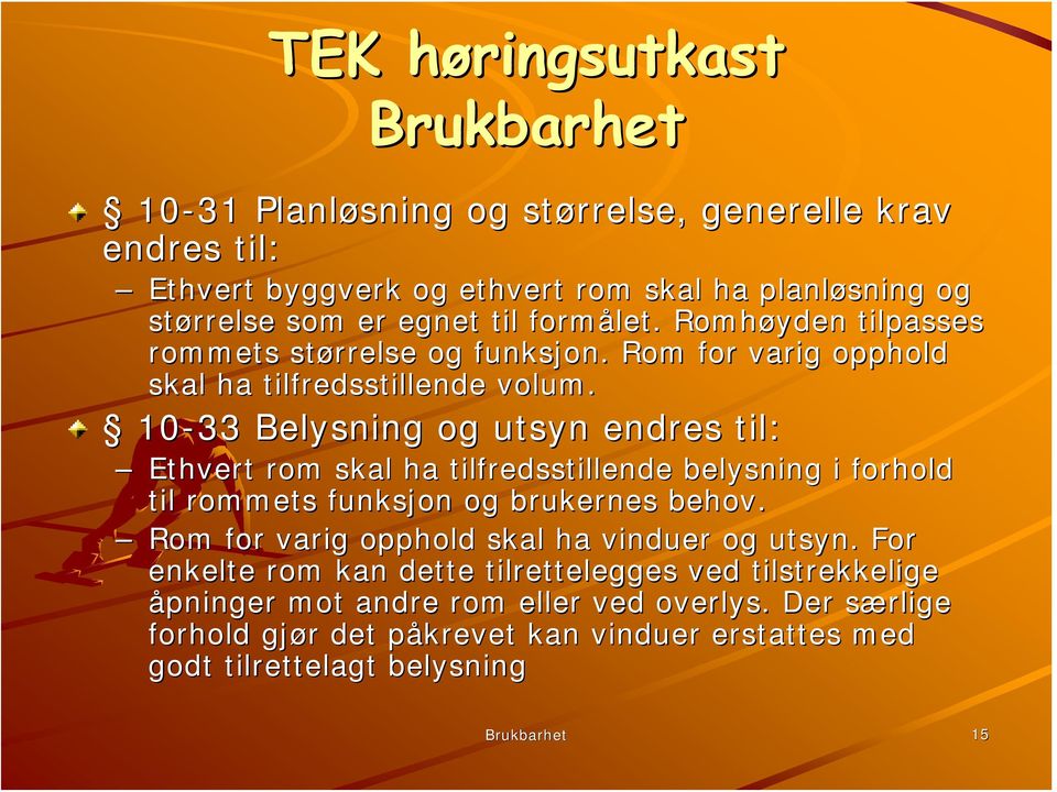 10-33 Belysning og utsyn endres til: Ethvert rom skal ha tilfredsstillende belysning i forhold til rommets funksjon og brukernes behov.