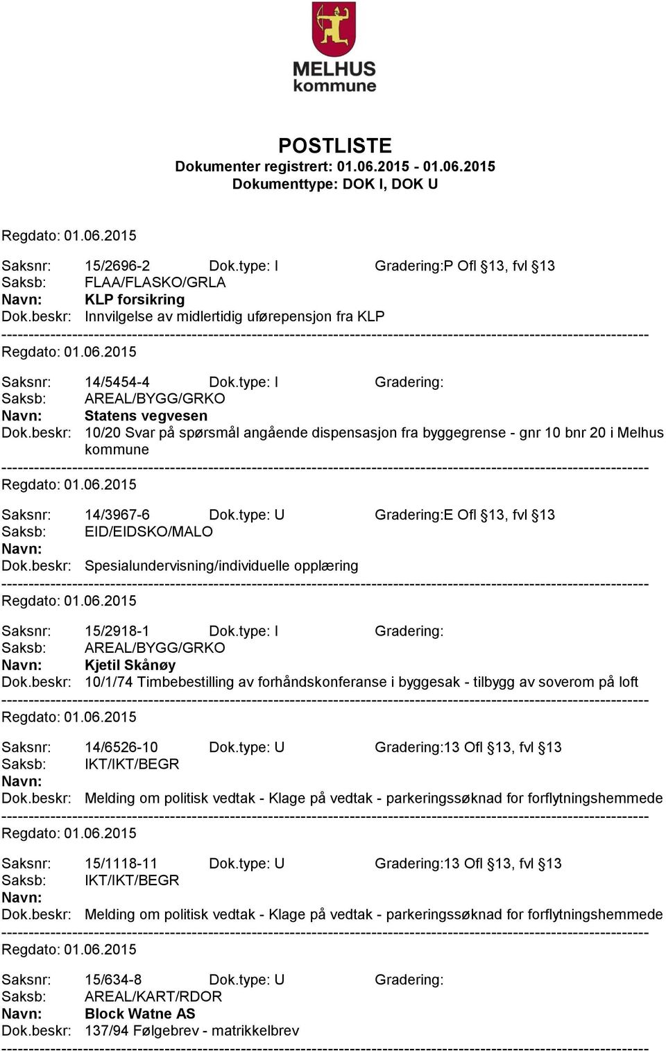 type: U Gradering:E Ofl 13, fvl 13 Saksb: EID/EIDSKO/MALO Dok.beskr: Spesialundervisning/individuelle opplæring Saksnr: 15/2918-1 Dok.type: I Gradering: Saksb: AREAL/BYGG/GRKO Kjetil Skånøy Dok.