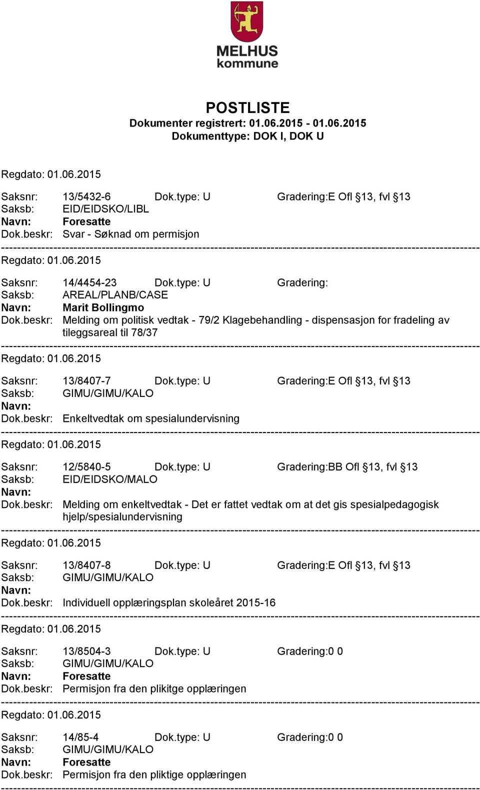 type: U Gradering:E Ofl 13, fvl 13 Dok.beskr: Enkeltvedtak om spesialundervisning Saksnr: 12/5840-5 Dok.type: U Gradering:BB Ofl 13, fvl 13 Saksb: EID/EIDSKO/MALO Dok.