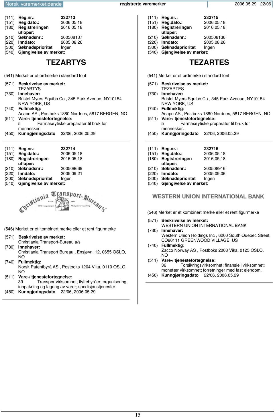 26 TEZARTYS TEZARTYS Bristol-Myers Squibb Co, 345 Park Avenue, NY10154 NEW YORK, US Acapo AS, Postboks 1880 Nordnes, 5817 BERGEN, 5 Farmasøytiske preparater til bruk for mennesker. (111) Reg.nr.