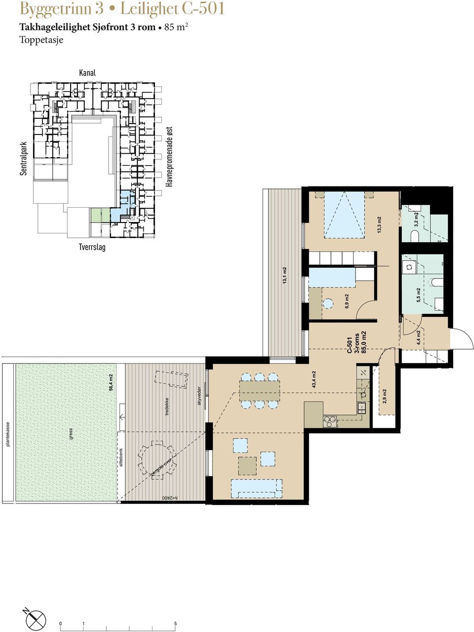 7 m² plantekasse gress 6,4 m2 tredekke skyvedør 43,4 m2 2,9 m2