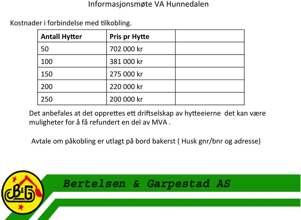 kr 250 200 000 kr Det anbefales at det oppreges eg drieselskap av hygeeierne det