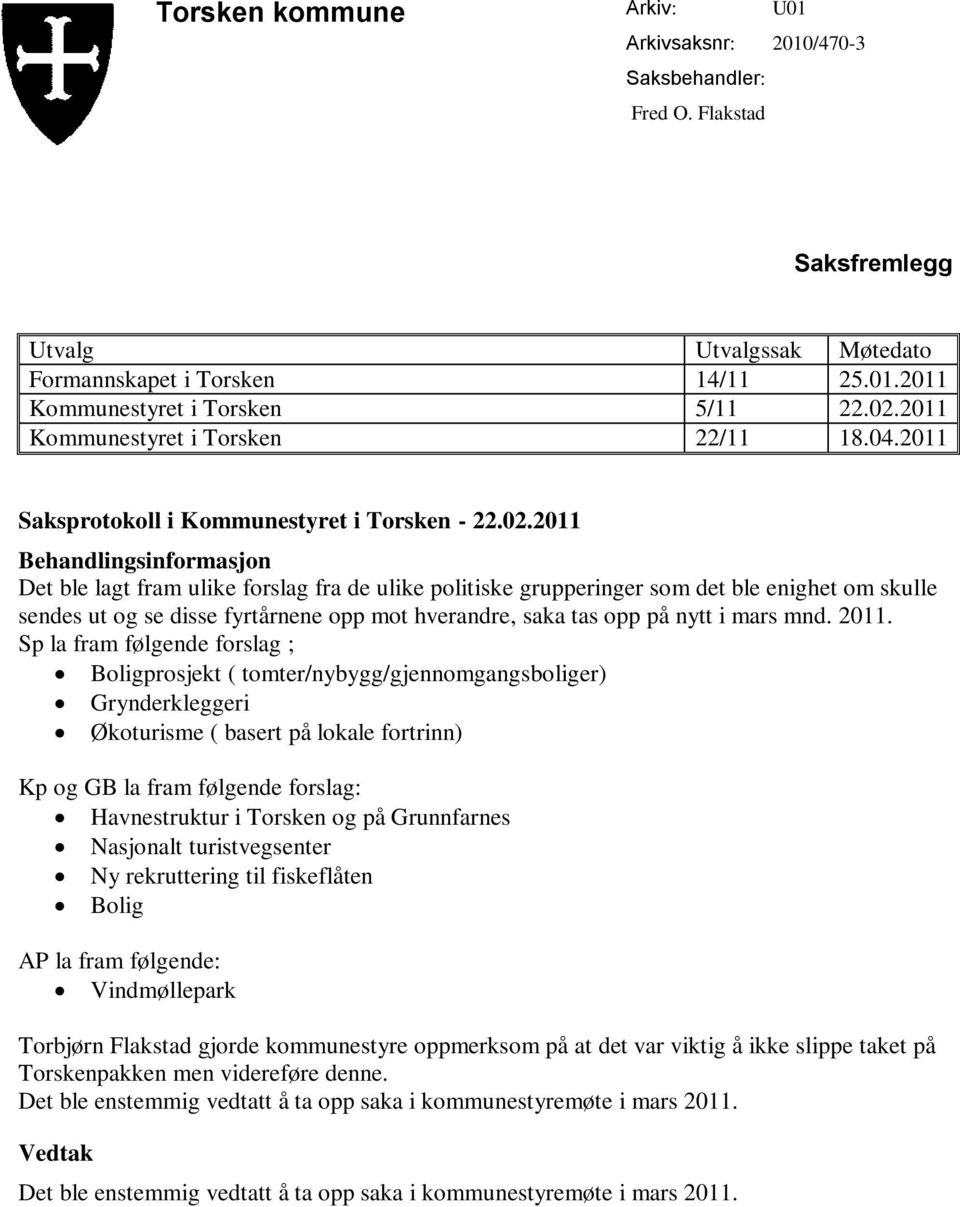 2011 Behandlingsinformasjon Det ble lagt fram ulike forslag fra de ulike politiske grupperinger som det ble enighet om skulle sendes ut og se disse fyrtårnene opp mot hverandre, saka tas opp på nytt