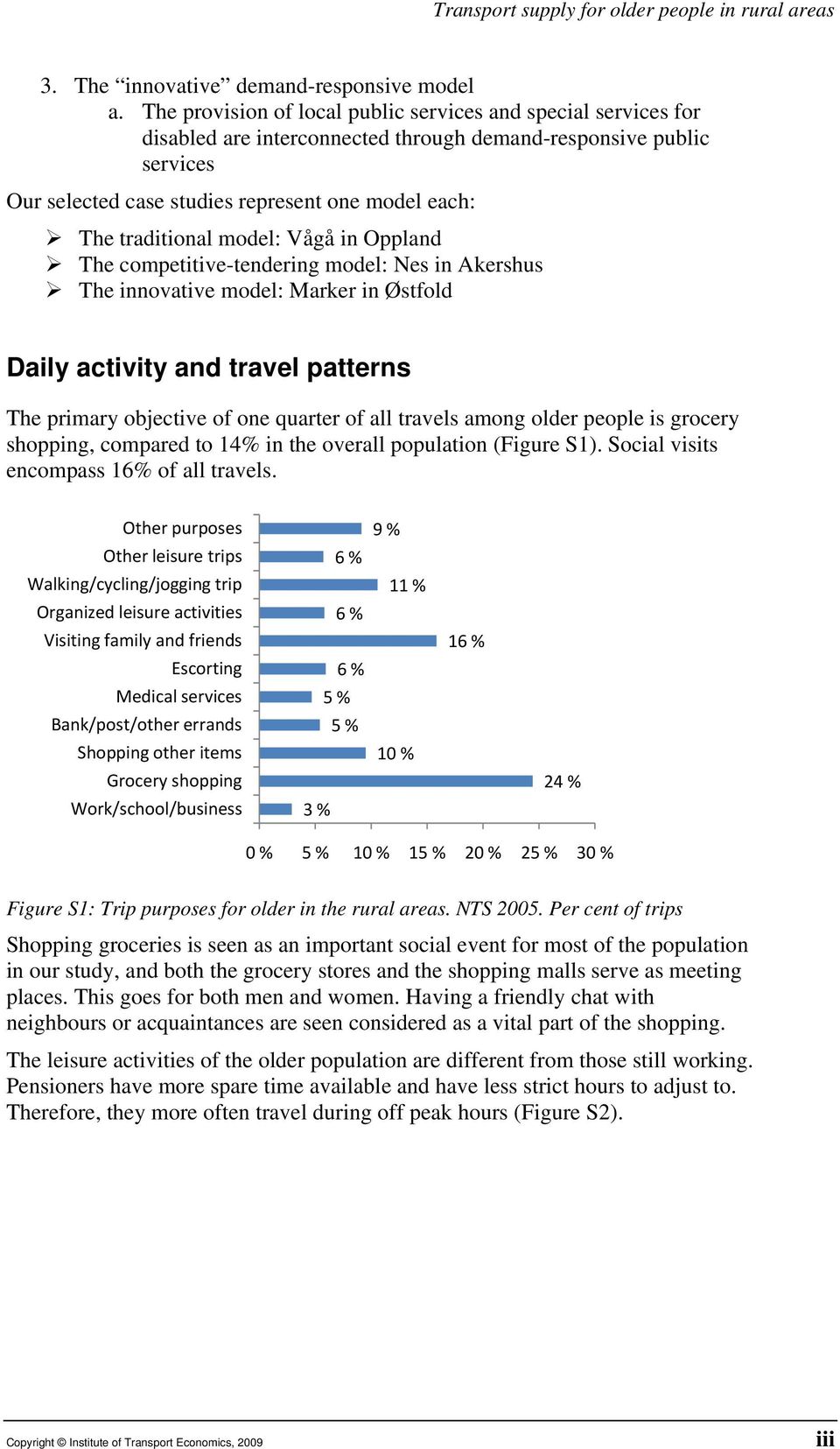 traditional model: Vågå in Oppland The competitive-tendering model: Nes in Akershus The innovative model: Marker in Østfold Daily activity and travel patterns The primary objective of one quarter of