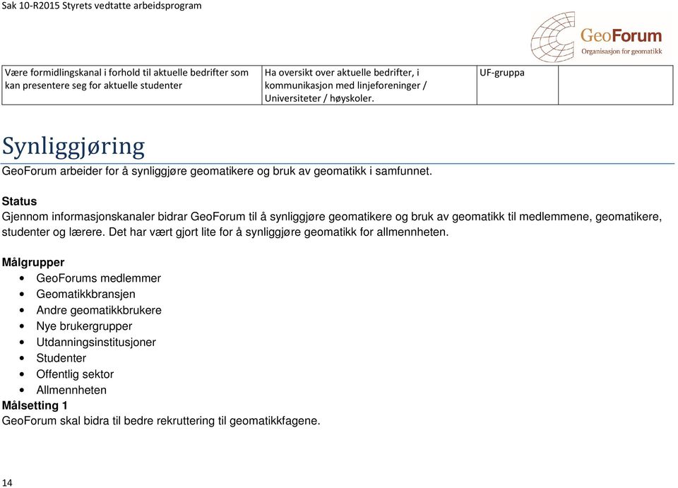 Gjennom informasjonskanaler bidrar GeoForum til å synliggjøre geomatikere og bruk av geomatikk til medlemmene, geomatikere, studenter og lærere.