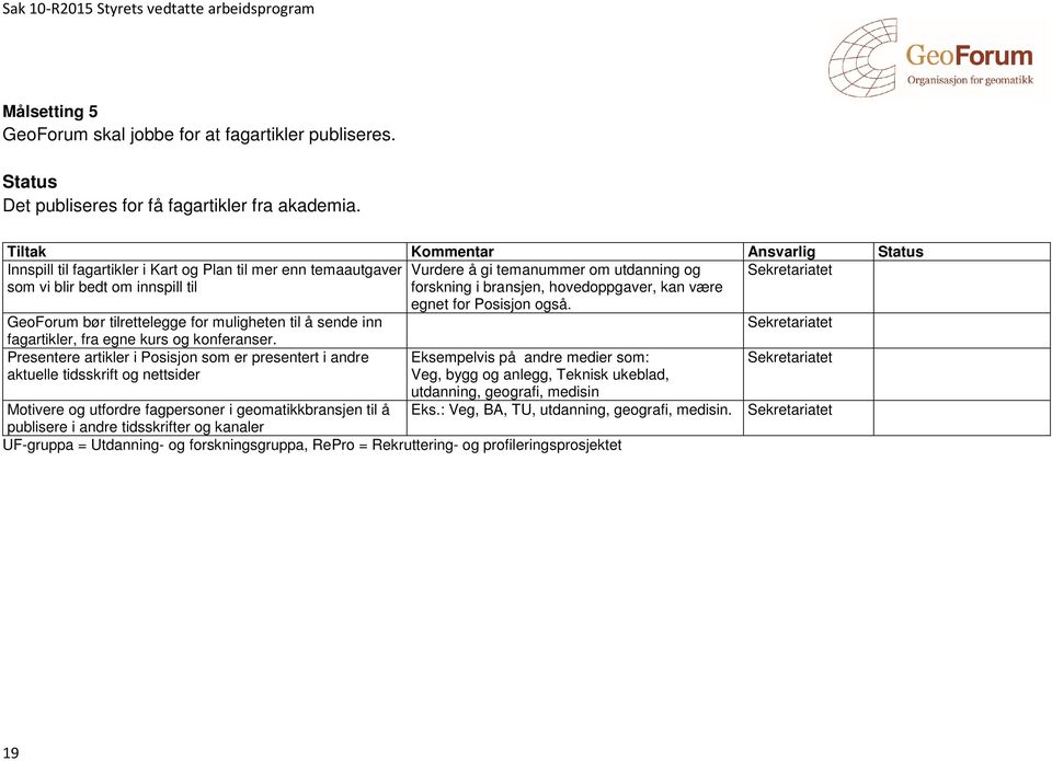 bransjen, hovedoppgaver, kan være egnet for Posisjon også. GeoForum bør tilrettelegge for muligheten til å sende inn Sekretariatet fagartikler, fra egne kurs og konferanser.