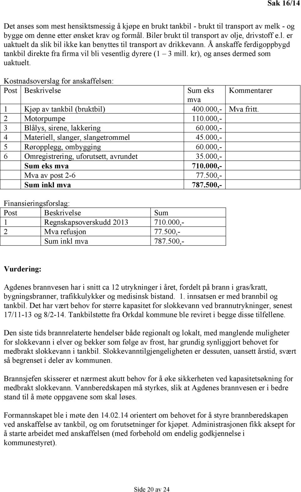 Kostnadsoverslag for anskaffelsen: Post Beskrivelse Sum eks Kommentarer mva 1 Kjøp av tankbil (bruktbil) 400.000,- Mva fritt. 2 Motorpumpe 110.000,- 3 Blålys, sirene, lakkering 60.