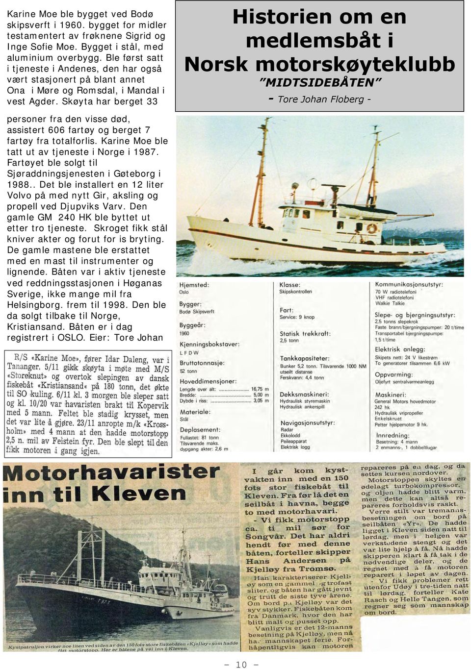 Skøyta har berget 33 Historien om en medlemsbåt i Norsk motorskøyteklubb MIDTSIDEBÅTEN - Tore Johan Floberg - personer fra den visse død, assistert 606 fartøy og berget 7 fartøy fra totalforlis.