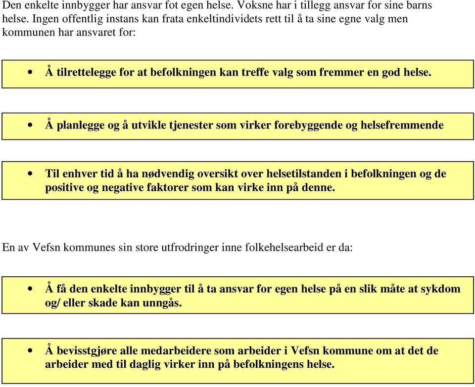 Å planlegge og å utvikle tjenester som virker forebyggende og helsefremmende Til enhver tid å ha nødvendig oversikt over helsetilstanden i befolkningen og de positive og negative faktorer som kan