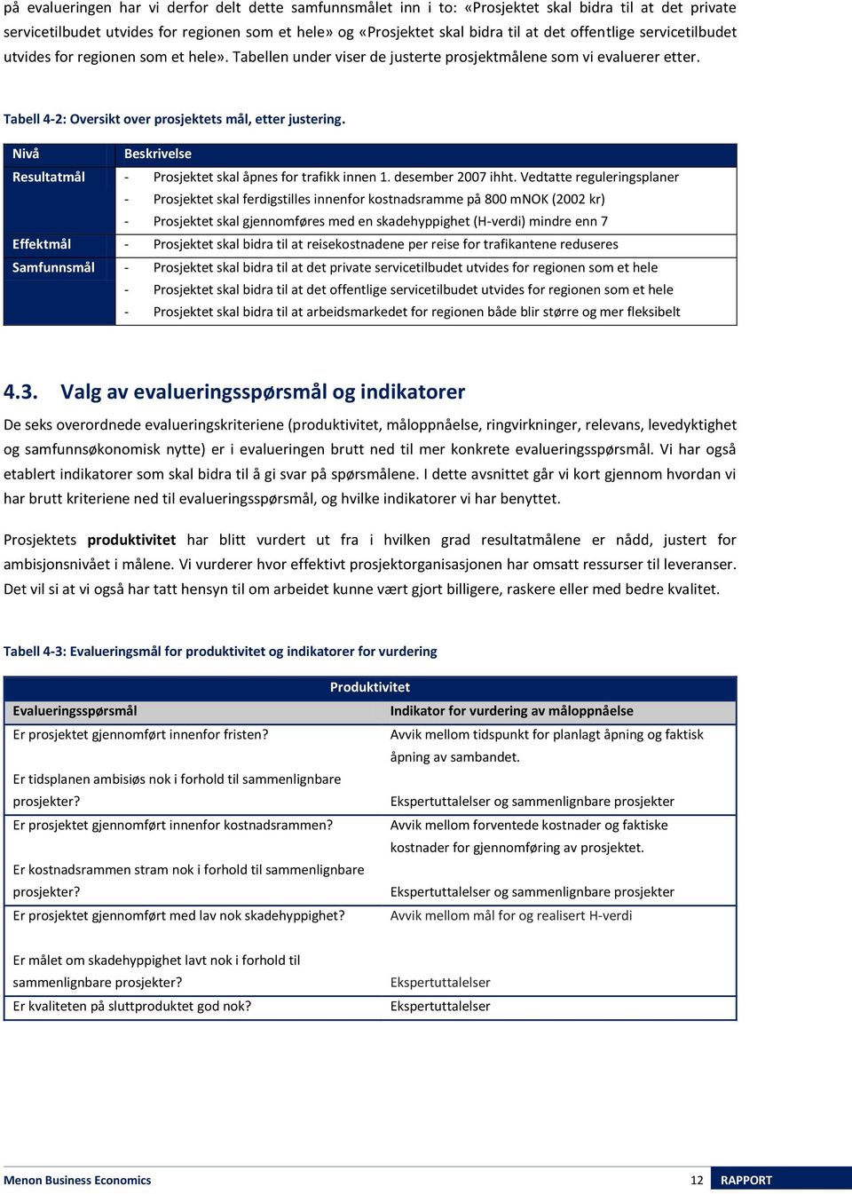 Nivå Beskrivelse Resultatmål - Prosjektet skal åpnes for trafikk innen 1. desember 2007 ihht.