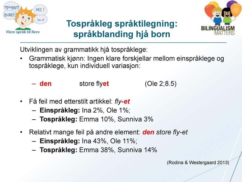 5) Få feil med etterstilt artikkel: fly-et Einspråkleg: Ina 2%, Ole 1%; Tospråkleg: Emma 10%, Sunniva 3% Relativt