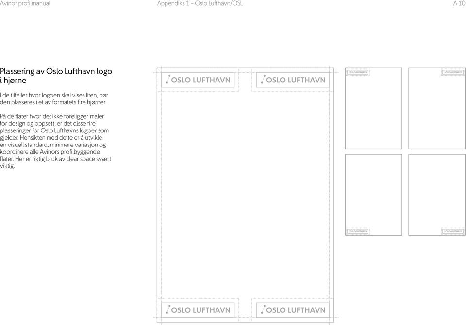 På de flater hvor det ikke foreligger maler for design og oppsett, er det disse fire plasseringer for Oslo Lufthavns logoer