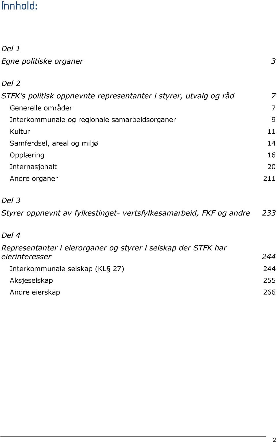 20 Andre organer 211 Del 3 Styrer oppnevnt av fylkestinget- vertsfylkesamarbeid, FKF og andre 233 Del 4 Representanter i