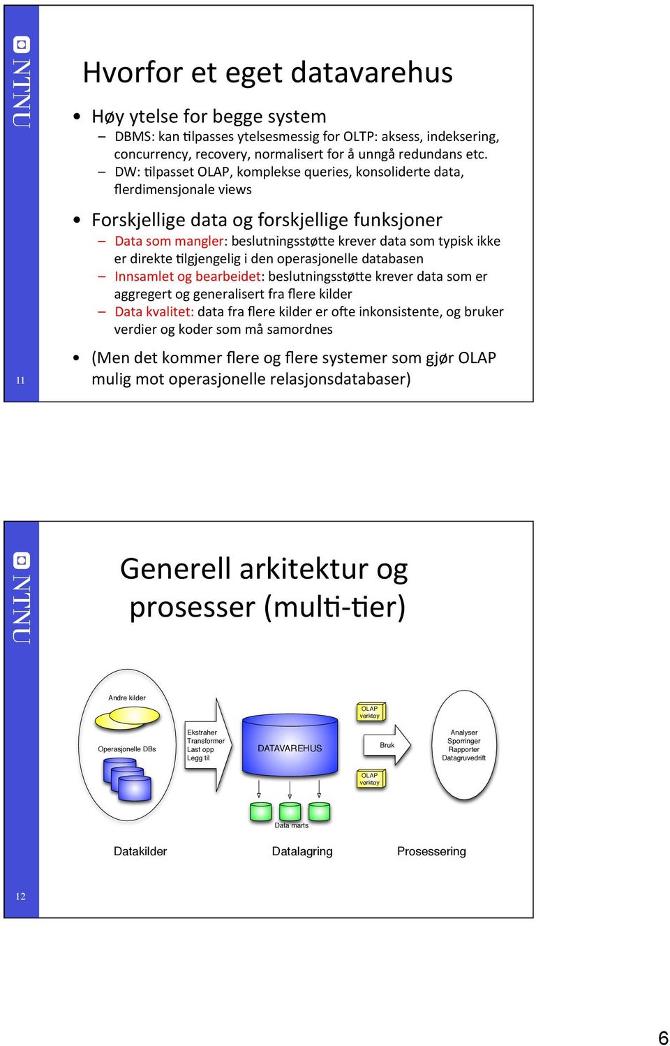 Flgjengelig i den operasjonelle databasen Innsamlet og bearbeidet: beslutningsstøte krever data som er aggregert og generalisert fra flere kilder Data kvalitet: data fra flere kilder er o3e