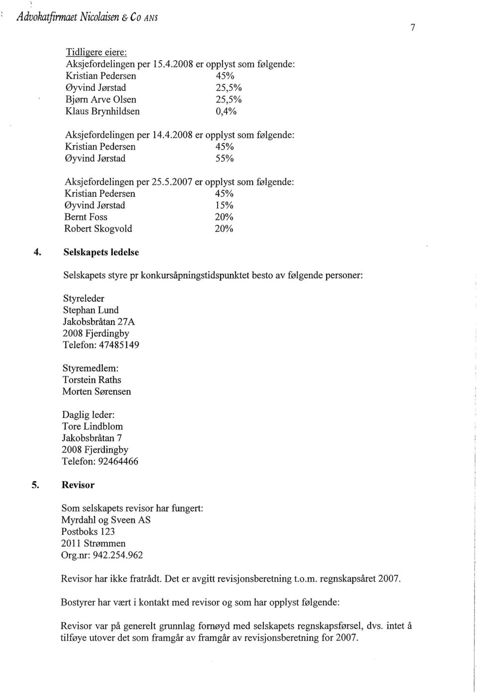 5.2007 er opplyst som følgende: Kristian Pedersen 45% 0yvind Jørstad 15% Bernt Foss 20% Robert Skogvold 20% 4.