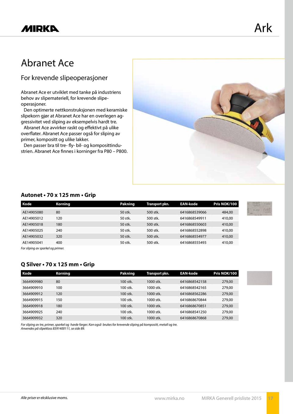 Abranet Ace avvirker raskt og effektivt på ulike overflater. Abranet Ace passer også for sliping av primer, kompositt og ulike lakker. Den passer bra til tre- fly- bil- og komposittindustrien.