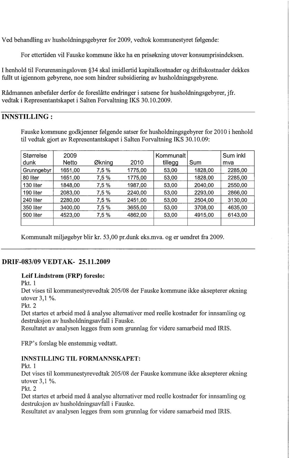 Rådmannen anbefaler derfor de foreslåtte endringer i satsene for husholdningsgebyrer, jfr. vedtak i Representantskapet i Salten Forvaltning IKS 30.10.2009.