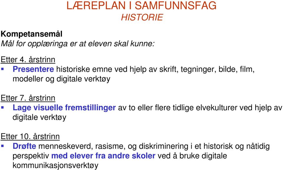 årstrinn Lage visuelle fremstillinger av to eller flere tidlige elvekulturer ved hjelp av digitale verktøy Etter 10.