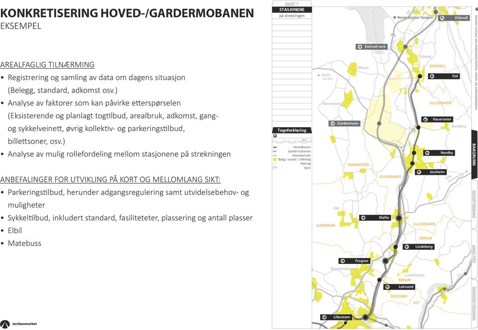 ) Analyse av faktorer som kan påvirke etterspørselen (Eksisterende og planlagt togtilbud, arealbruk, adkomst, gangog sykkelveinett, øvrig kollektiv- og parkeringstilbud, stasjonene på strekningen