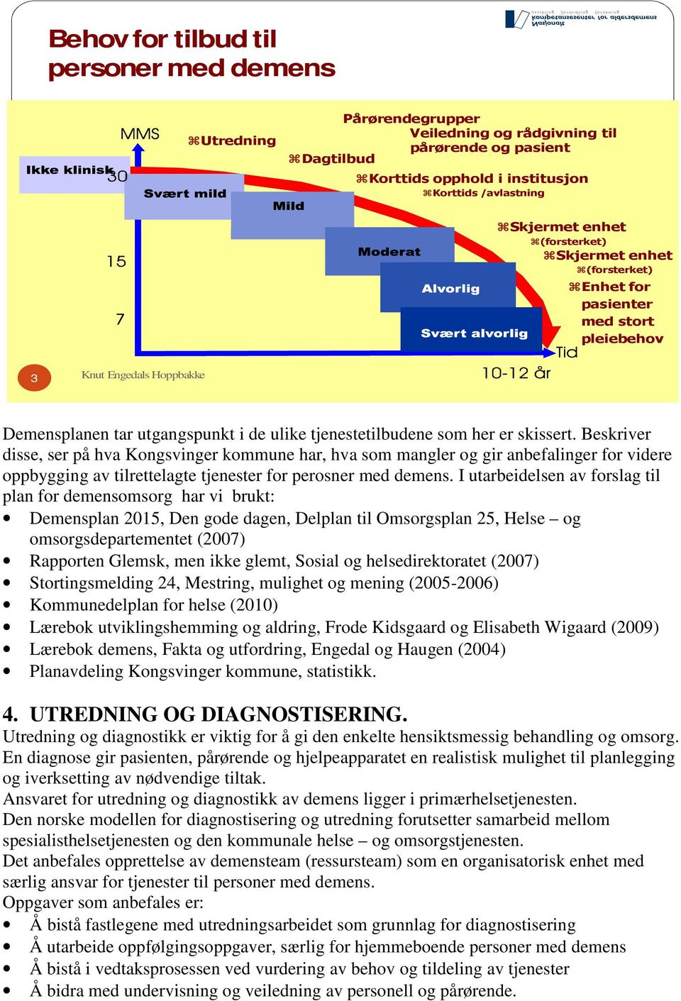 Beskriver disse, ser på hva Kongsvinger kommune har, hva som mangler og gir anbefalinger for videre oppbygging av tilrettelagte tjenester for perosner med demens.