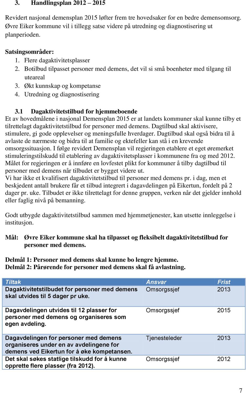 Botilbud tilpasset personer med demens, det vil si små boenheter med tilgang til uteareal 3. Økt kunnskap og kompetanse 4. Utredning og diagnostisering 3.