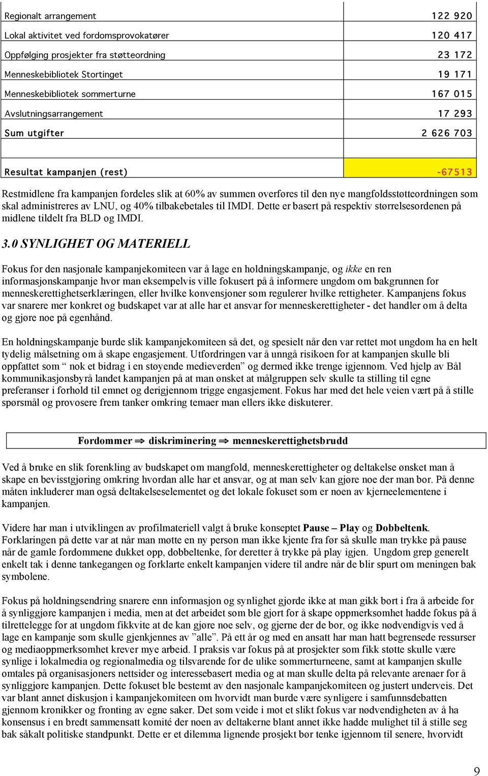 administreres av LNU, og 40% tilbakebetales til IMDI. Dette er basert på respektiv størrelsesordenen på midlene tildelt fra BLD og IMDI. 3.