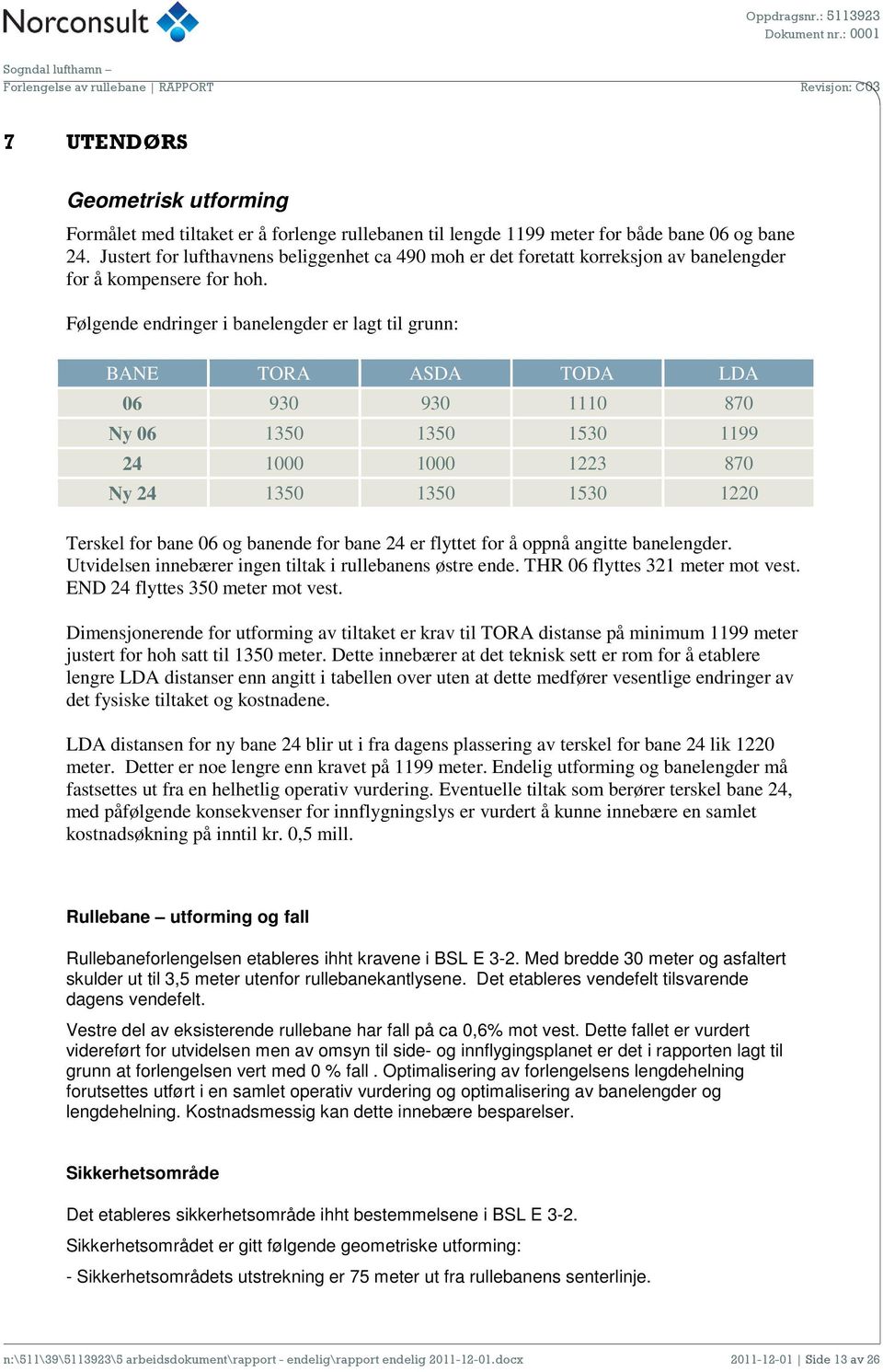 Følgende endringer i banelengder er lagt til grunn: BANE TORA ASDA TODA LDA 06 930 930 1110 870 Ny 06 1350 1350 1530 1199 24 1000 1000 1223 870 Ny 24 1350 1350 1530 1220 Terskel for bane 06 og