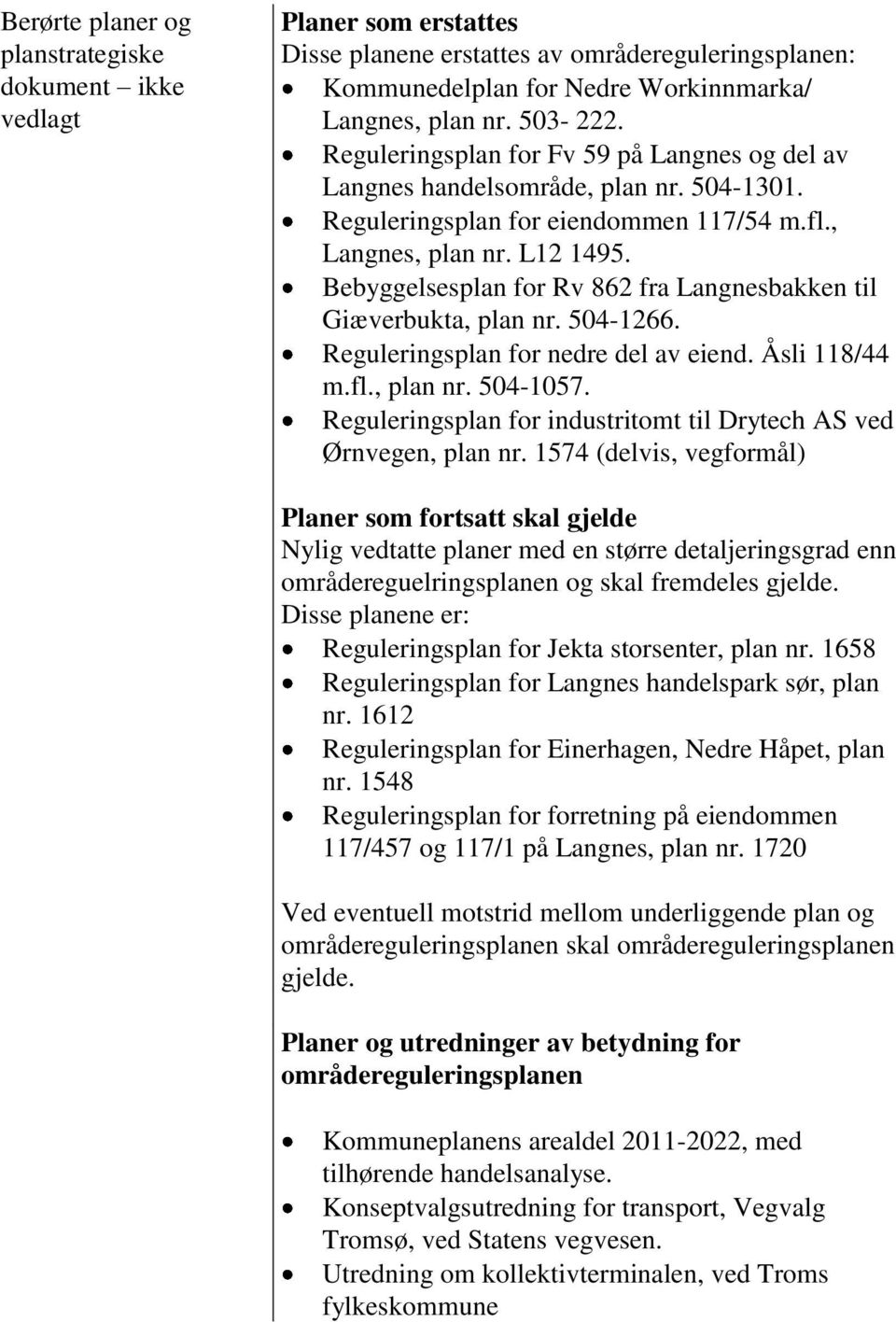 Bebyggelsesplan for Rv 862 fra Langnesbakken til Giæverbukta, plan nr. 504-1266. Reguleringsplan for nedre del av eiend. Åsli 118/44 m.fl., plan nr. 504-1057.