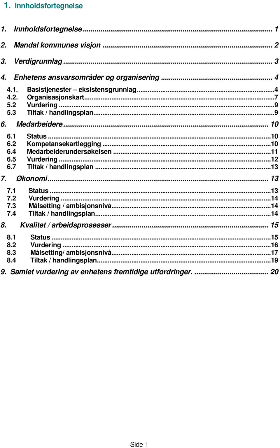 5 Vurdering... 12 6.7 Tiltak / handlingsplan... 13 7. Økonomi... 13 7.1 Status... 13 7.2 Vurdering... 14 7.3 Målsetting / ambisjonsnivå... 14 7.4 Tiltak / handlingsplan... 14 8.