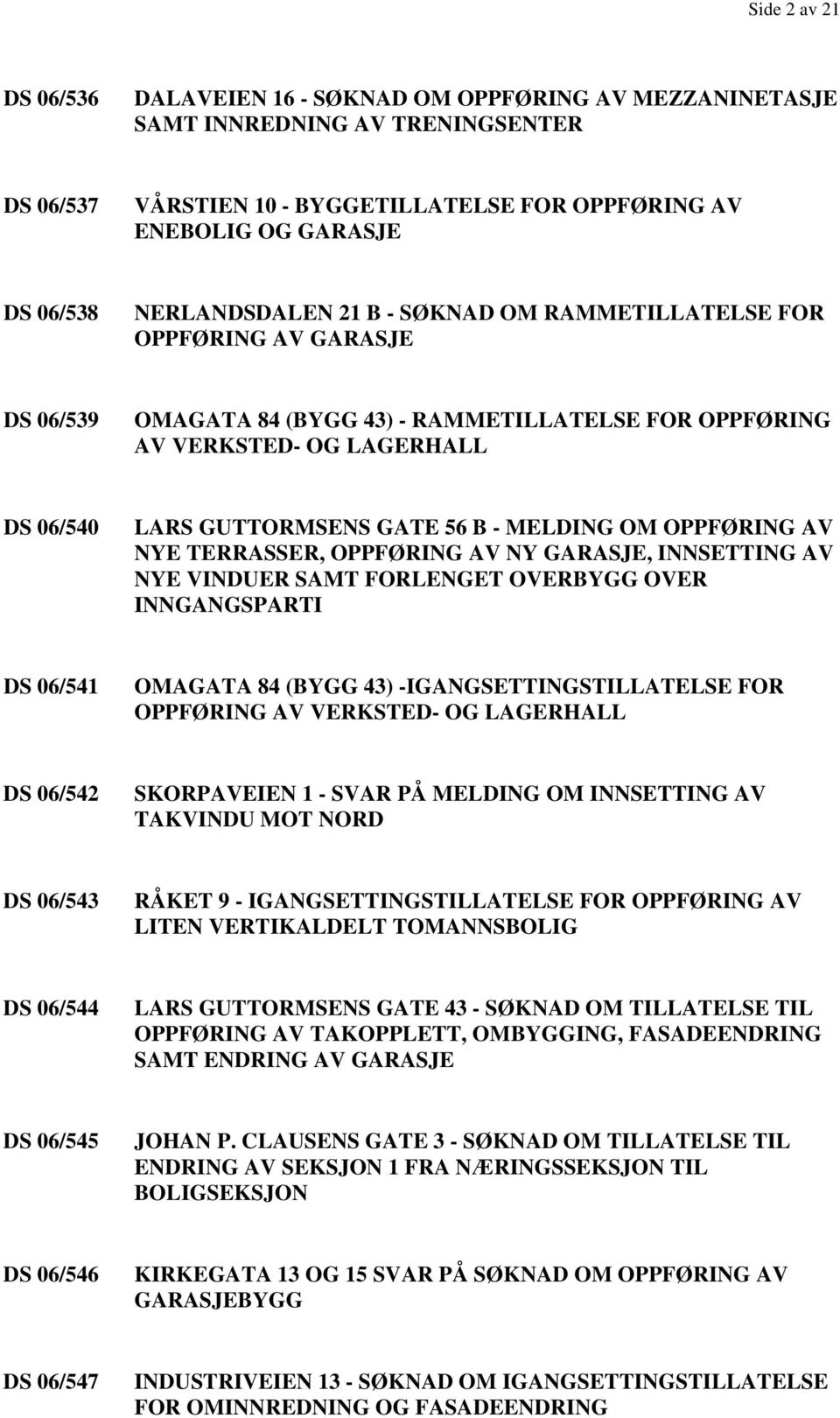 MELDING OM OPPFØRING AV NYE TERRASSER, OPPFØRING AV NY GARASJE, INNSETTING AV NYE VINDUER SAMT FORLENGET OVERBYGG OVER INNGANGSPARTI DS 06/541 OMAGATA 84 (BYGG 43) -IGANGSETTINGSTILLATELSE FOR