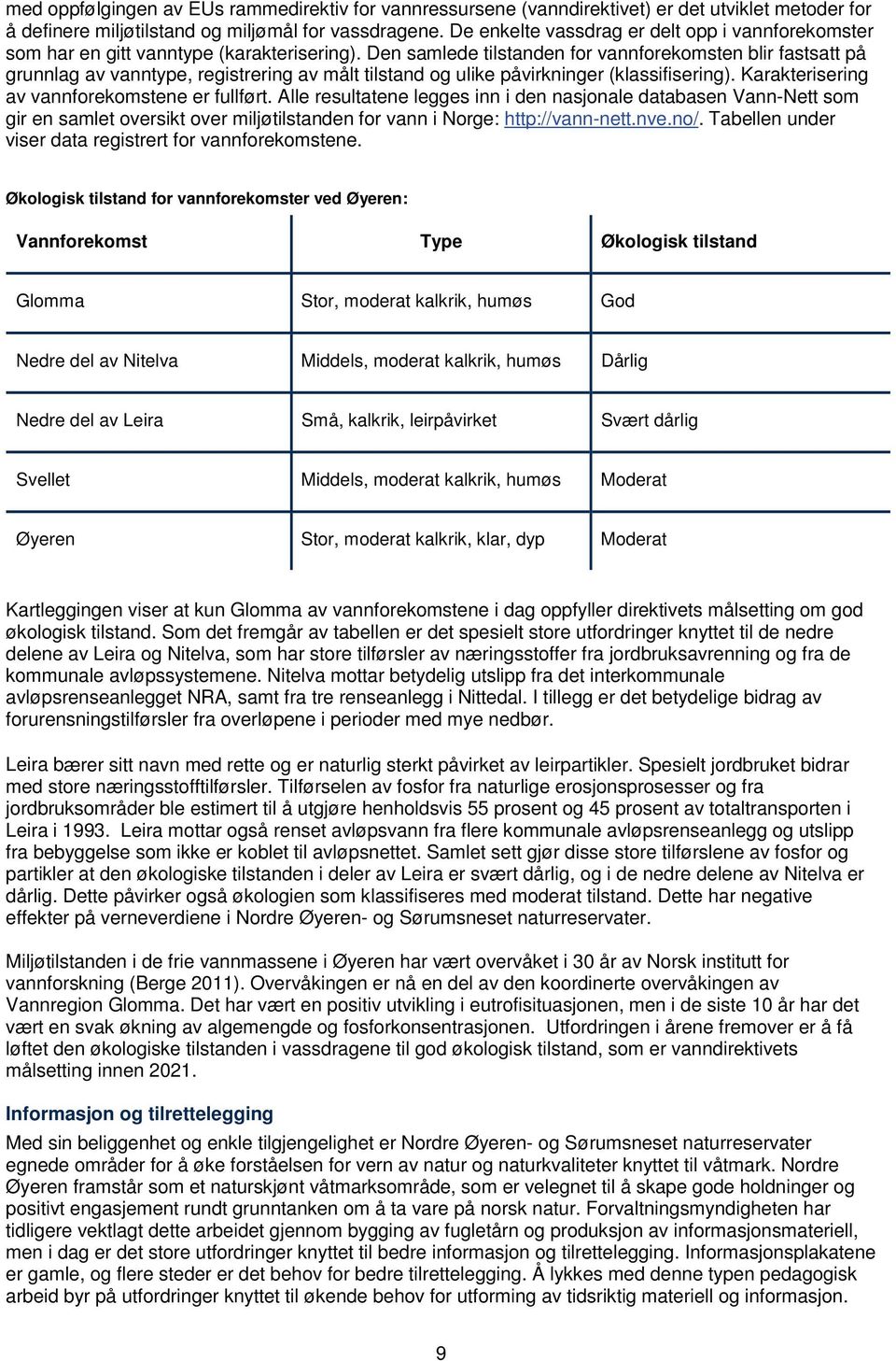 Den samlede tilstanden for vannforekomsten blir fastsatt på grunnlag av vanntype, registrering av målt tilstand og ulike påvirkninger (klassifisering). Karakterisering av vannforekomstene er fullført.