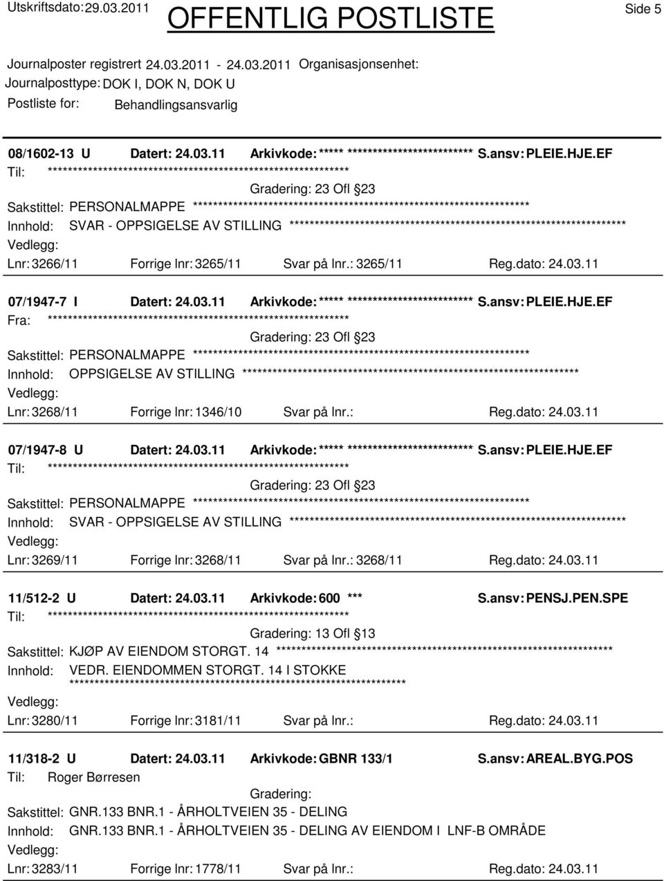 Forrige lnr: 3265/11 Svar på lnr.: 3265/11 Reg.dato: 24.03.11 07/1947-7 I Datert: 24.03.11 Arkivkode:***** ****************************** S.ansv: PLEIE.HJE.