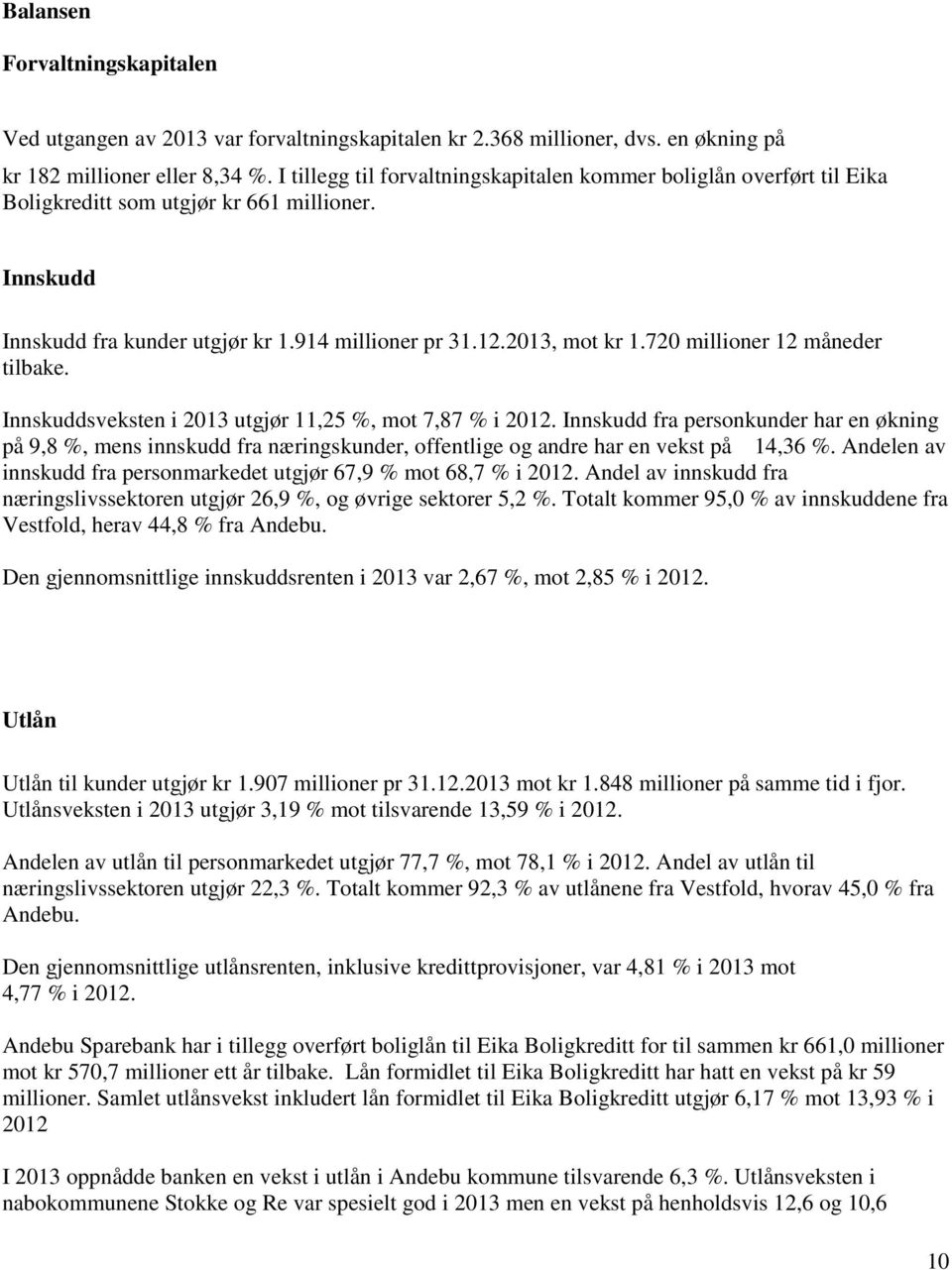 720 millioner 12 måneder tilbake. Innskuddsveksten i 2013 utgjør 11,25 %, mot 7,87 % i 2012.