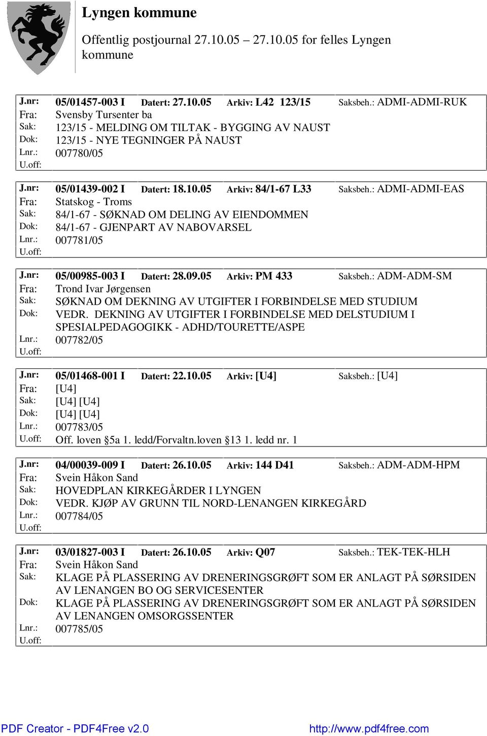 : ADMI-ADMI-EAS Fra: Statskog - Troms Sak: 84/1-67 - SØKNAD OM DELING AV EIENDOMMEN Dok: 84/1-67 - GJENPART AV NABOVARSEL Lnr.: 007781/05 J.nr: 05/00985-003 I Datert: 28.09.05 Arkiv: PM 433 Saksbeh.