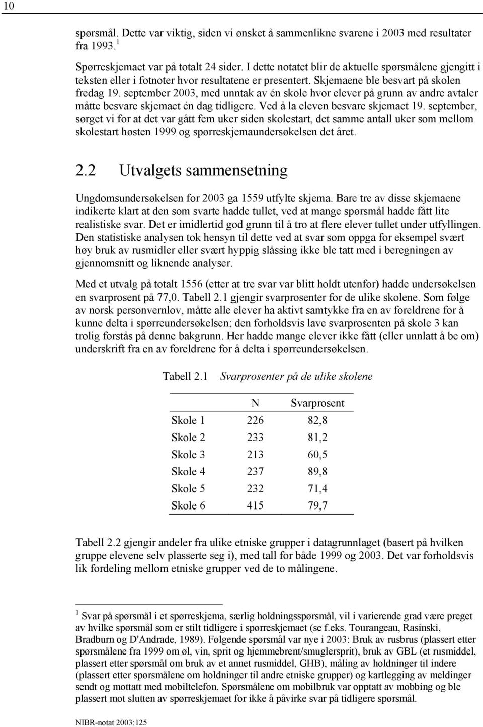 september 2003, med unntak av én skole hvor elever på grunn av andre avtaler måtte besvare skjemaet én dag tidligere. Ved å la eleven besvare skjemaet 19.