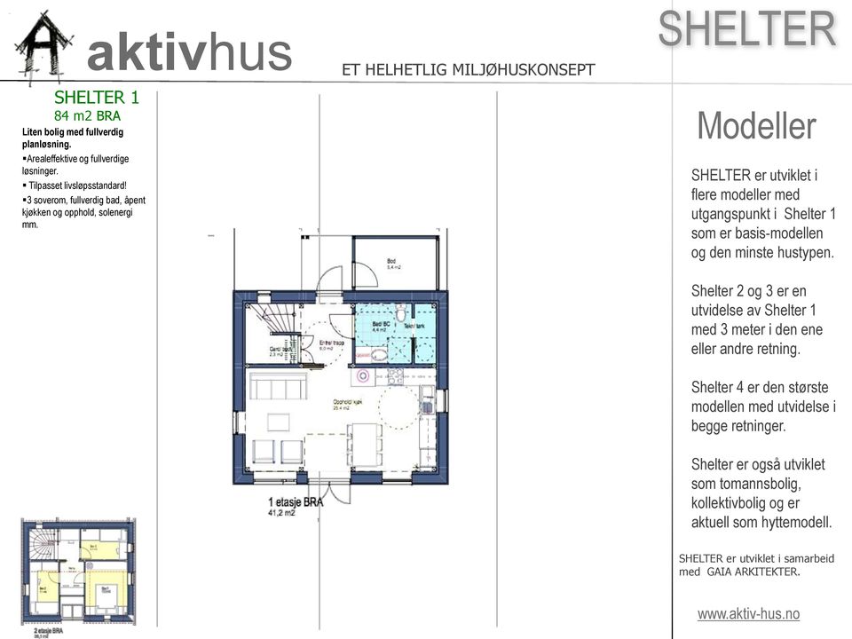 aktivhus ET HELHETLIG MILJØHUSKONSEPT SHELTER Modeller SHELTER er utviklet i flere modeller med utgangspunkt i Shelter 1 som er basis-modellen og den minste hustypen.