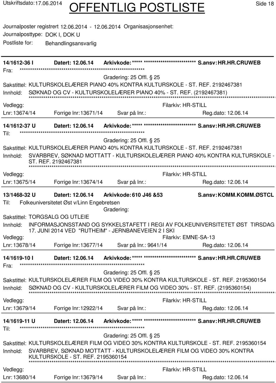 14 Arkivkode:***** ****************************** S.ansv: HR.HR.CRUWEB Sakstittel: KULTURSKOLELÆRER PIANO 40% KONTRA KULTURSKOLE - ST. REF.