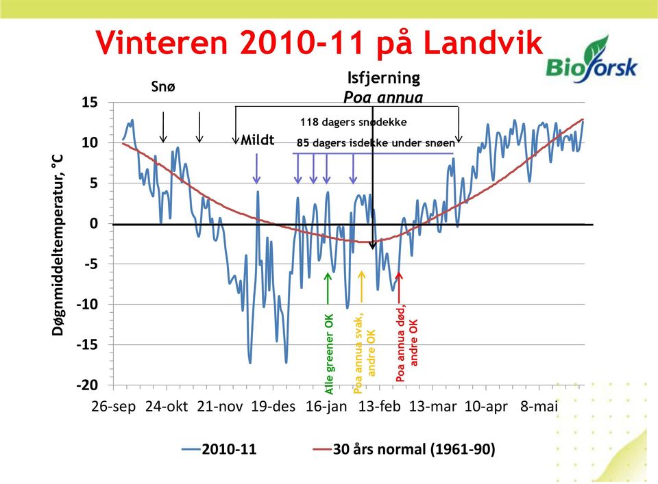 Poa annua 118 dagers snødekke 85 dagers isdekke under snøen 5 0-5 -10-15 -20