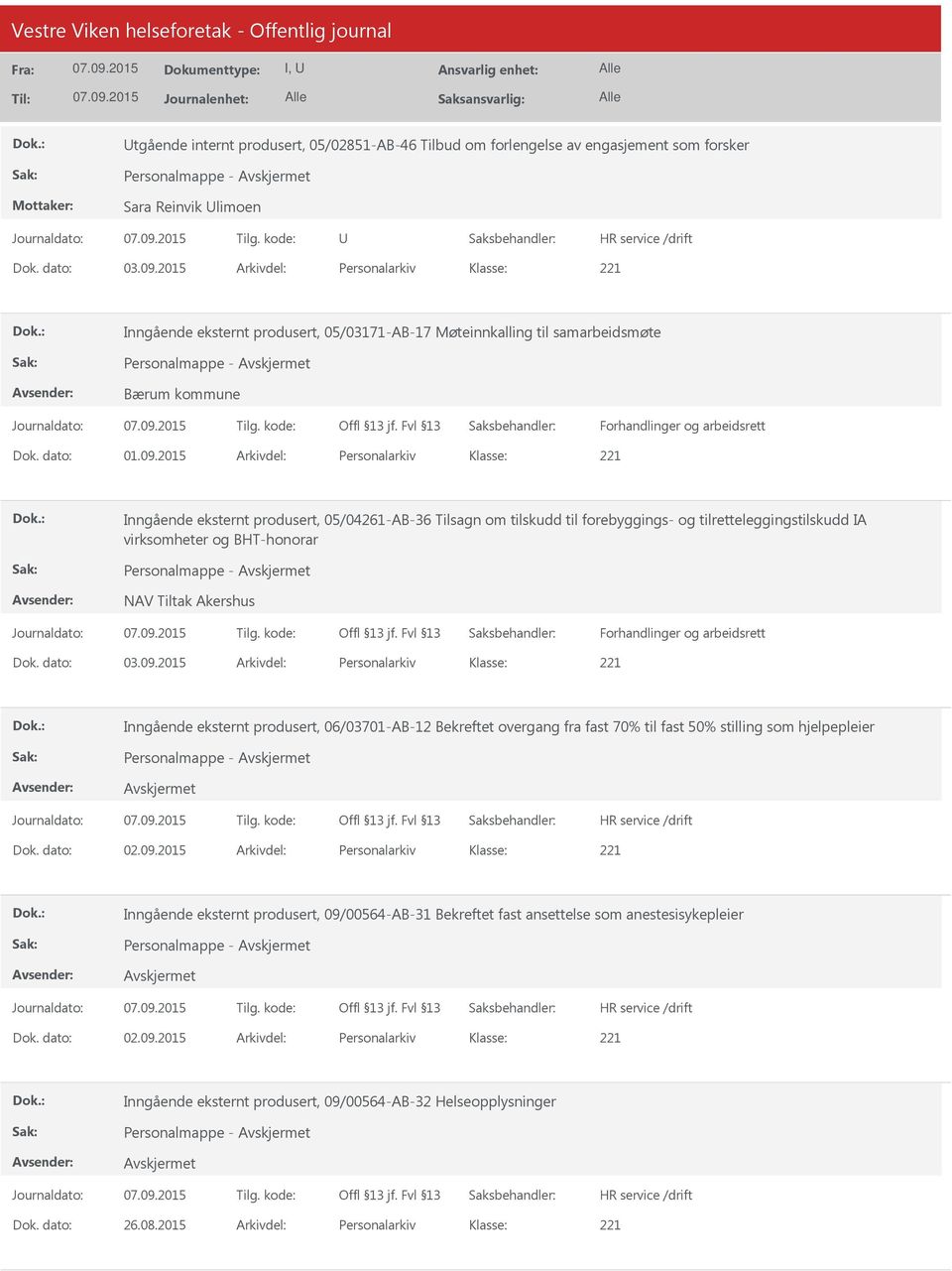 2015 Arkivdel: Personalarkiv Inngående eksternt produsert, 05/04261-AB-36 Tilsagn om tilskudd til forebyggings- og tilretteleggingstilskudd IA virksomheter og BHT-honorar Personalmappe - NAV Tiltak