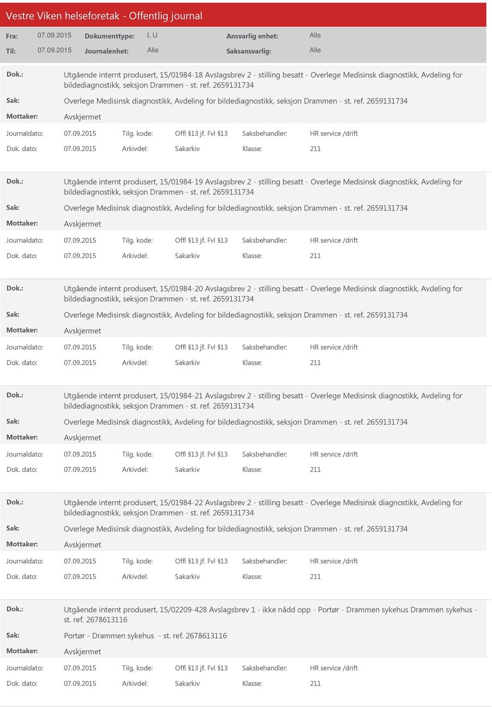 dato: Arkivdel: Sakarkiv tgående internt produsert, 15/01984-19 Avslagsbrev 2 - stilling besatt - Overlege Medisinsk diagnostikk, Avdeling for bildediagnostikk, seksjon Drammen - st. ref.