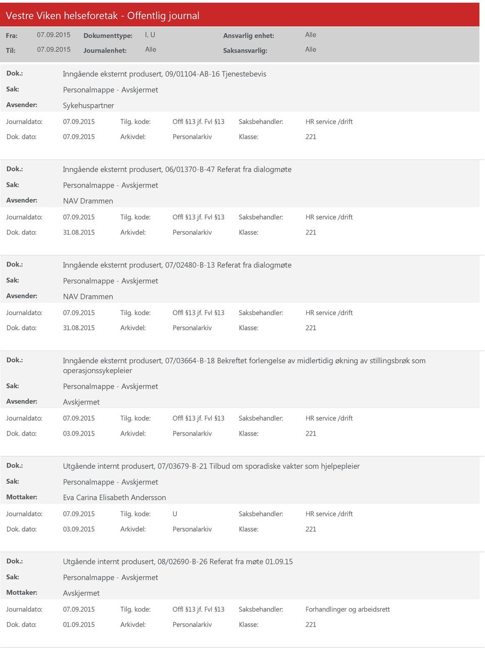 2015 Arkivdel: Personalarkiv Inngående eksternt produsert, 07/02480-B-13 Referat fra dialogmøte Personalmappe - NAV Drammen Dok. dato: 31.08.