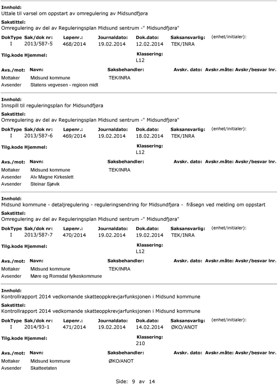 469/2014 TEK/NRA L12 Alv Magne Kirkeslett Steinar Sjøvik TEK/NRA nnhold: - detaljregulering - reguleringsendring for Midsundfjøra - fråsegn ved melding om oppstart Omregulering av del av