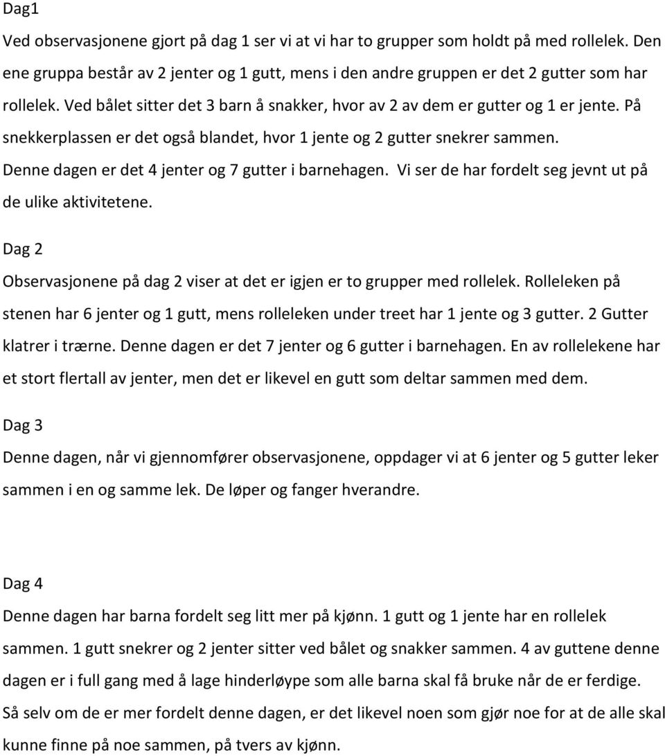 Denne dagen er det 4 jenter og 7 gutter i barnehagen. Vi ser de har fordelt seg jevnt ut på de ulike aktivitetene. Dag 2 ene på dag 2 viser at det er igjen er to grupper med rollelek.